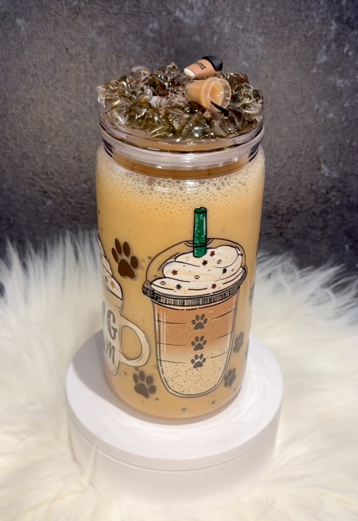 Iced Coffee/Dog Mom theme with fake ice - 16 oz cup