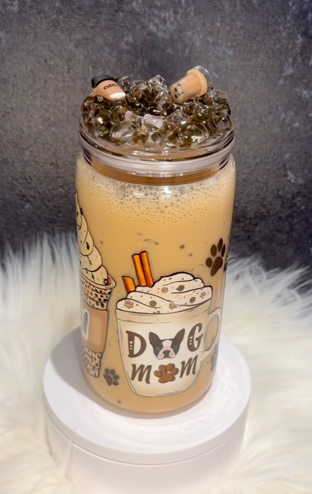 Iced Coffee/Dog Mom theme with fake ice - 16 oz cup
